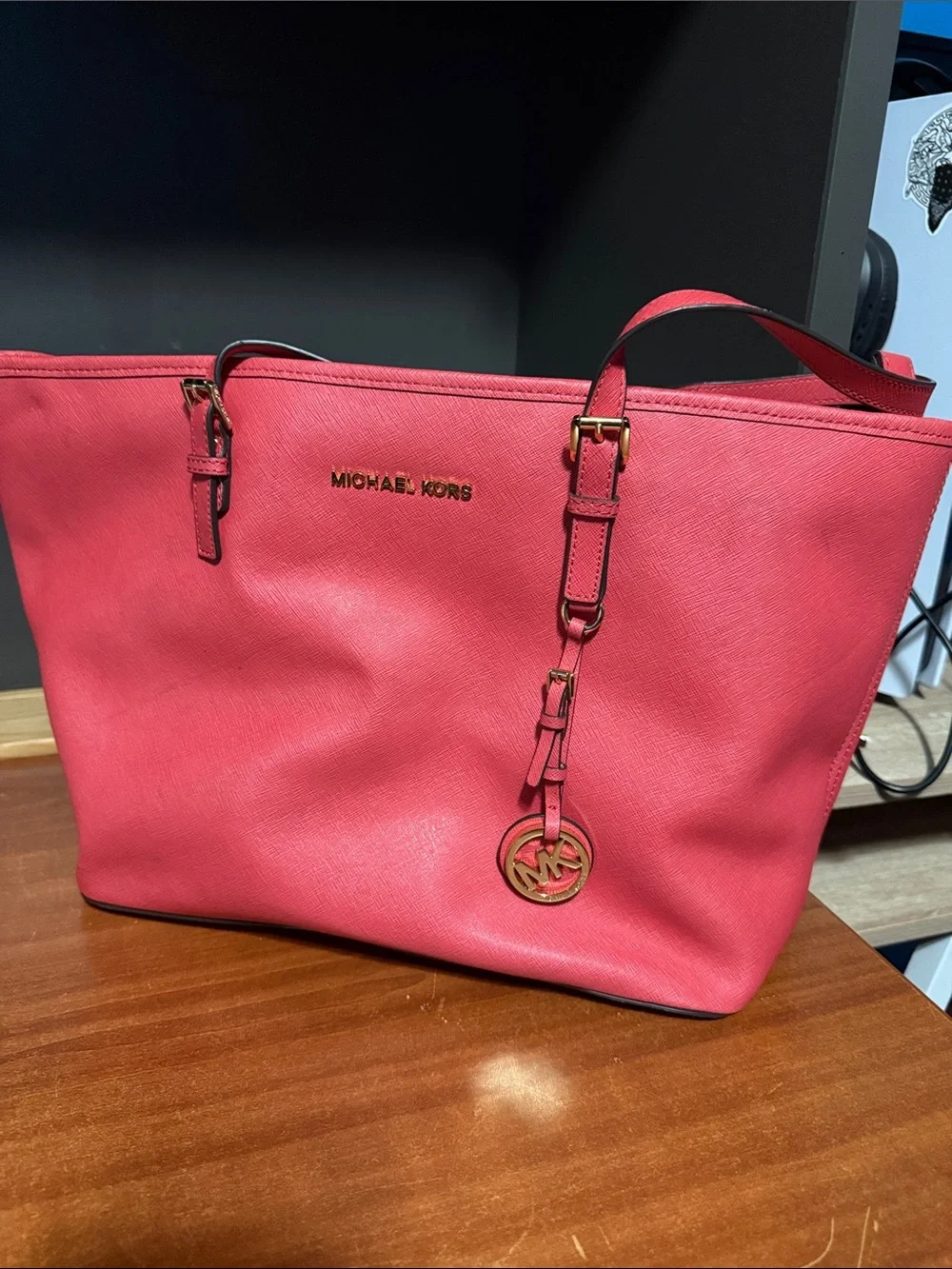 Michael Kors Coral Pink Saffiano Leather Tote with MK Charm